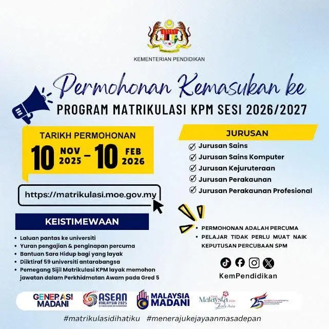 TARIKH PERMOHONAN MATRIKULASI KPM 2026/2027