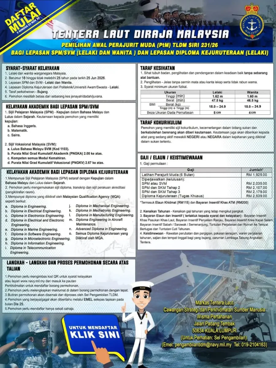 APA SYARAT PERMOHONAN KEMASUKAN TLDM 2026