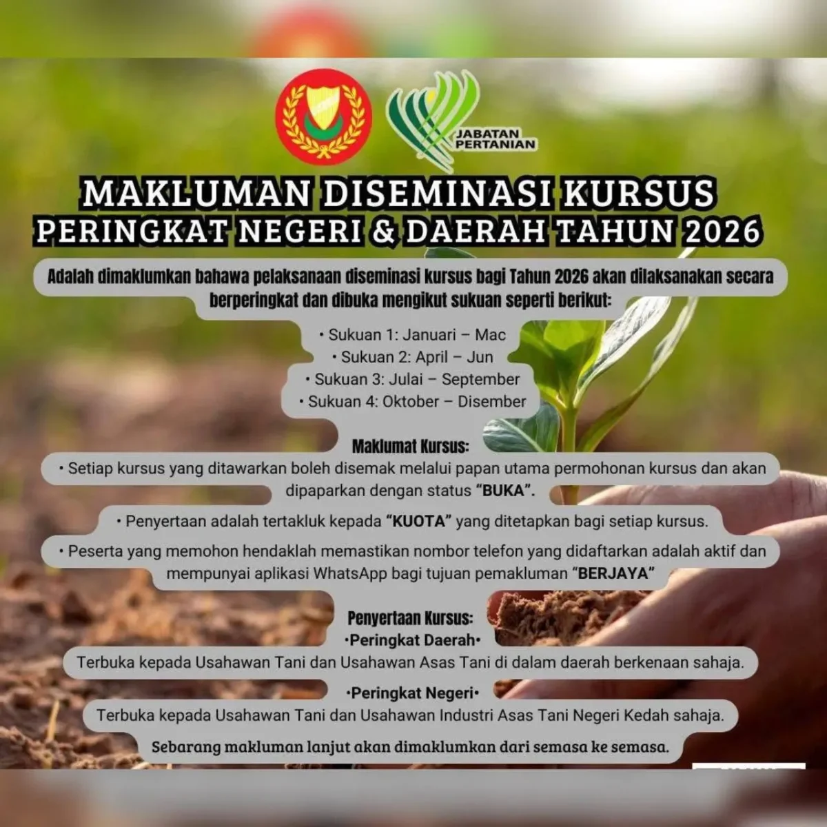SENARAI KURSUS PERTANIAN & PEMPROSESAN MAKANAN DI KEDAH 2026